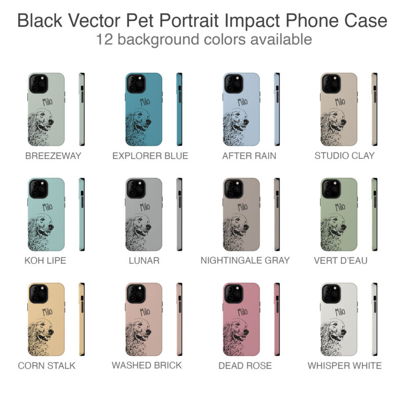Custom Pet Portrait Impact-resistant phone case. Personalized iPhone and Samsung Cases with black vector artwork portrait made from your favorite pet photo.