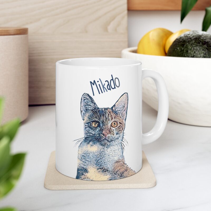 Custom Pet Mug | Cat | Dog Portrait Digital Artwork + Name | White Coffee Mug Personalized