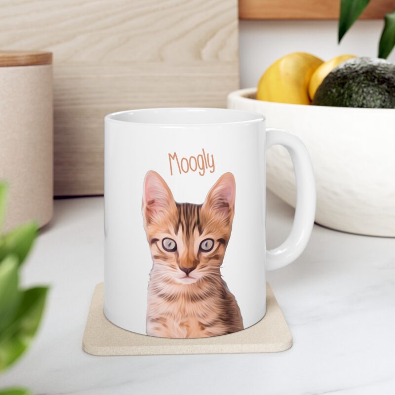 Custom Pet Mug | Cat | Dog Portrait Digital Artwork + Name | White Coffee Mug Personalized